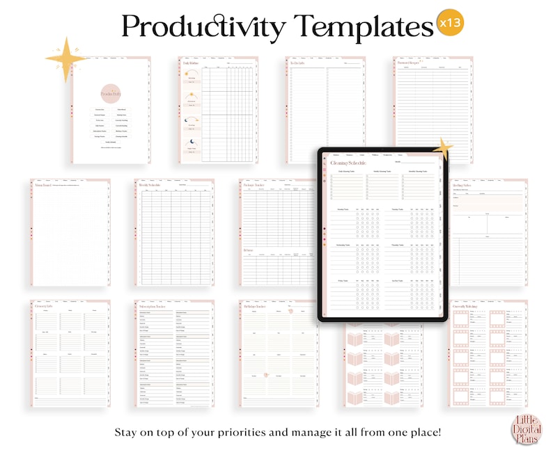 May include: A set of 13 printable productivity templates in a digital planner style. The templates are designed to help you stay on top of your priorities and manage your time effectively. The templates include a variety of layouts, such as daily schedules, weekly trackers, and habit trackers.