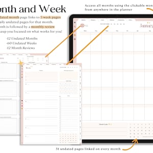 May include: A digital planner app interface with a monthly calendar view. The calendar is for January and has a tab for each month. The app also includes weekly and daily views, as well as monthly review pages. The app is designed to help users stay organized and on track with their goals.