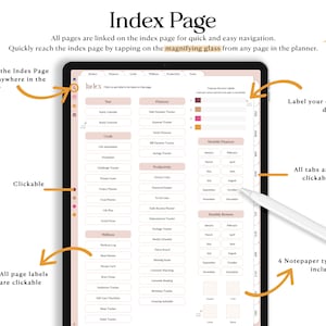 May include: A digital planner app interface with a pink and brown color scheme. The app features an index page with clickable tabs for different categories, including finances, goals, productivity, wellness, and more. The app also includes custom dividers and four notepaper types.