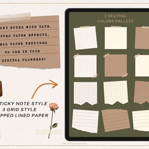 May include: A digital planner template with 3 neutral color palettes. The template includes 6 sticky note styles, 3 grid styles, and 3 ripped lined paper styles. The text on the template reads "Sticky notes with tape, ripped paper effects, real paper textures to use in your digital planners!" and "6 sticky note style, 3 grid style, 3 ripped lined paper".