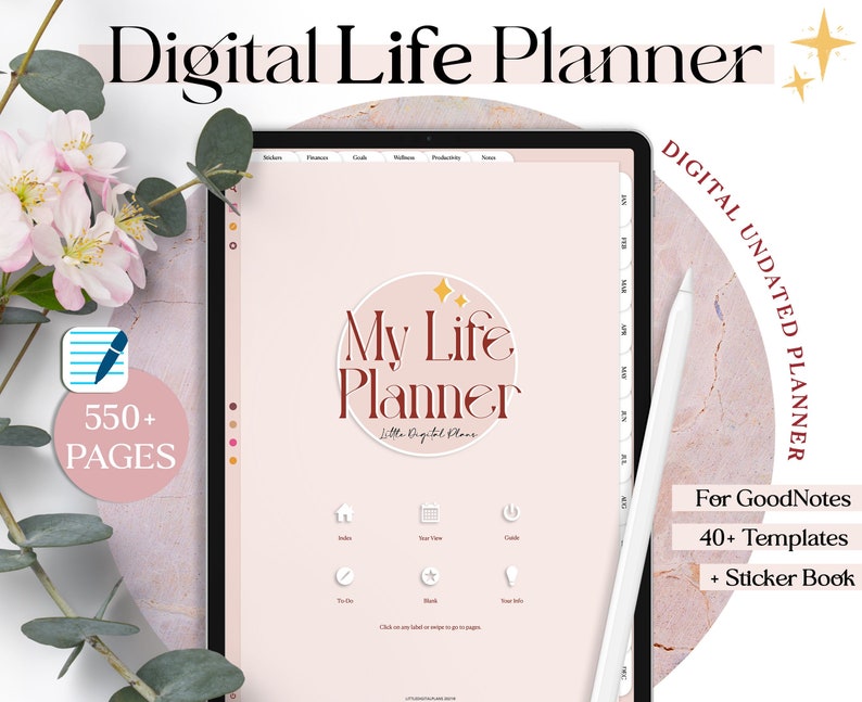 May include: A digital life planner for GoodNotes with over 550 pages, 40+ templates, and a sticker book. The planner features a pink and brown color scheme with a logo that says "My Life Planner".