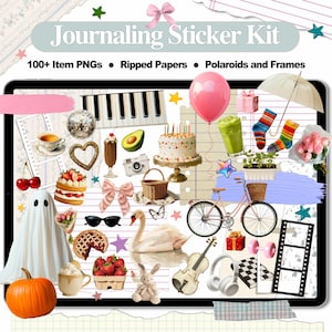 May include: A digital tablet screen displaying a collection of colorful stickers for journaling. The stickers include a ghost, a swan, a bicycle, a cake, a piano, a heart, a pumpkin, a ghost, a camera, a pair of sunglasses, a bow, a cupcake, a basket, a film strip, a violin, a pair of headphones, a chessboard, a dumbbell, a bouquet of flowers, a disco ball, a pair of socks, an umbrella, a pink balloon, a glass of green juice, a potted plant, a ripped piece of paper, a piece of avocado, a strawberry, a cherry, a cup of coffee, a piece of pie, a butterfly, a star, and a piece of paper with the text "Journaling Sticker Kit 100+ Item PNGs Ripped Papers Polaroids and Frames".