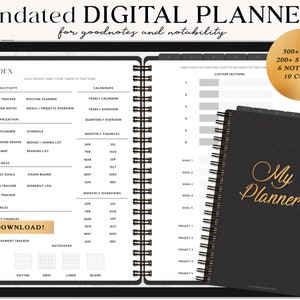 Digital Planner: Undated, Black & Gold, GoodNotes Template (Digital Download)