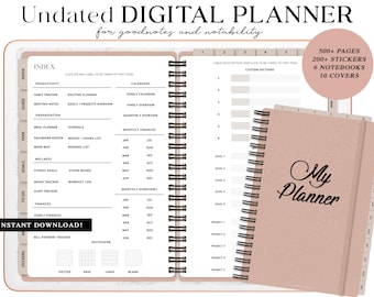 Beige Digital Planner: Undated, Hyperlinked Tabs, Stickers (GoodNotes Template)