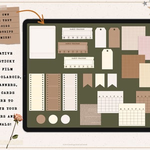 May include: Digital illustration of a collection of printable planner stickers. The stickers are in various shapes and sizes, including film strips, banners, tags, and lined notes. The stickers are in a variety of colors, including brown, beige, white, and pink. The stickers are displayed on a green background.