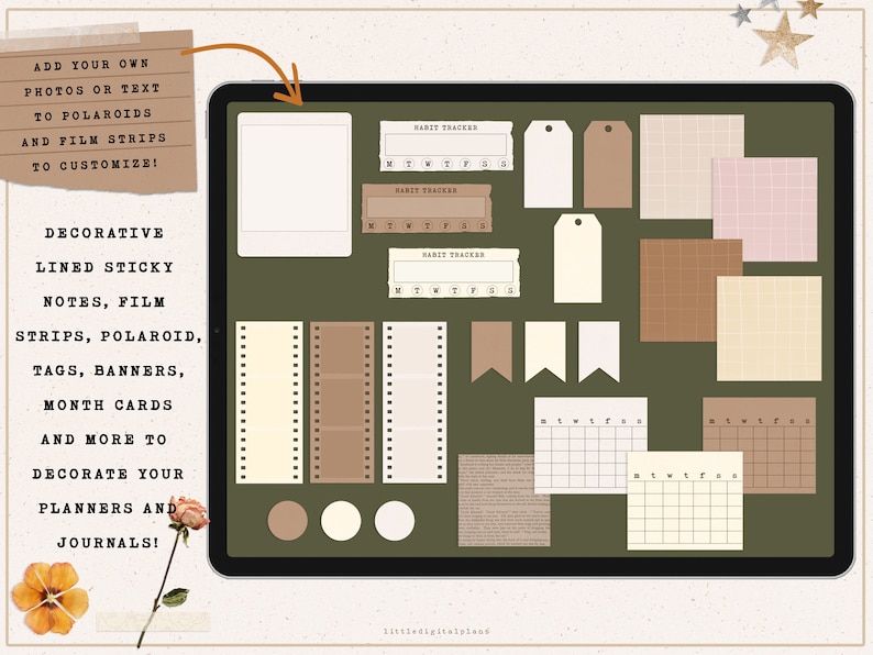 May include: Digital illustration of a collection of printable planner stickers. The stickers are in various shapes and sizes, including film strips, banners, tags, and lined notes. The stickers are in a variety of colors, including brown, beige, white, and pink. The stickers are displayed on a green background.