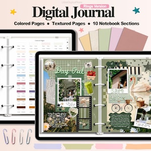 Puede incluir: Un diario digital con un fondo a cuadros verde y blanco. El diario tiene una variedad de páginas, incluyendo páginas lisas, rayadas, punteadas y cuadriculadas. El diario también tiene 10 secciones de cuaderno. El diario está abierto a una página con un collage de fotos y texto. El texto en la página dice "Day Out" y "Rest & Relax".
