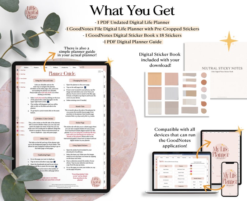 May include: A digital planner with a pink and white design. The planner is open to a page titled "Planner Guide" and shows instructions for using the planner. The image also shows a digital sticker book with 18 stickers, a neutral sticky note set, and a laptop and phone displaying the planner.