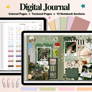 May include: A digital journal template with a green background and a collage of images. The text "Day Out" and "Rest & Relax" are written on the pages. The template includes a variety of page styles, including lined, grid, and plain.