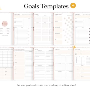 May include: Eight printable goal templates in a pink and white color scheme. The templates include sections for goal setting, life planning, and habit tracking. The text "Goals Templates x8" is at the top of the image.