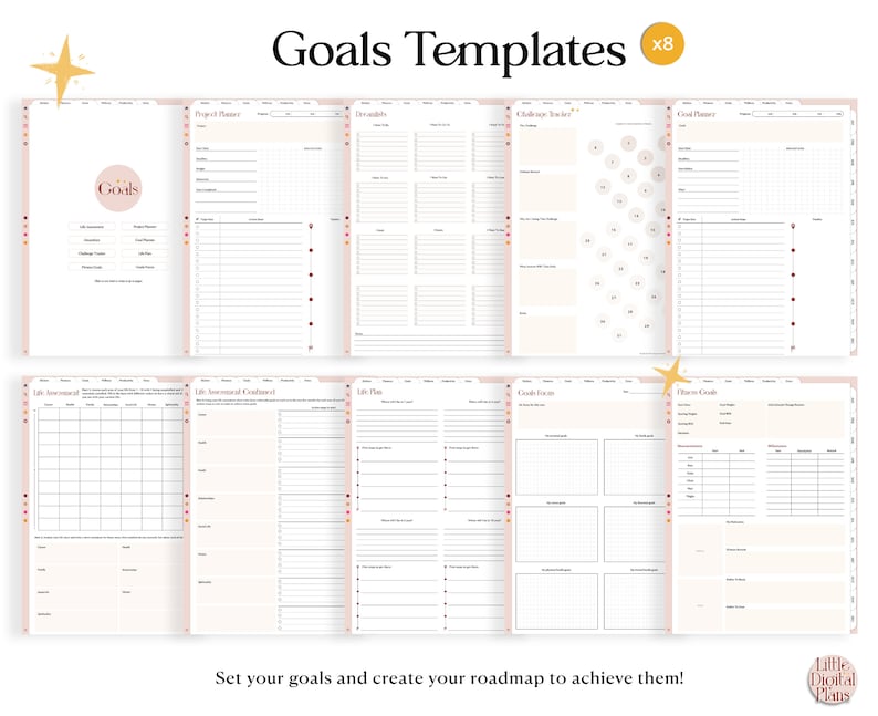 May include: Eight printable goal templates in a pink and white color scheme. The templates include sections for goal setting, life planning, and habit tracking. The text "Goals Templates x8" is at the top of the image.
