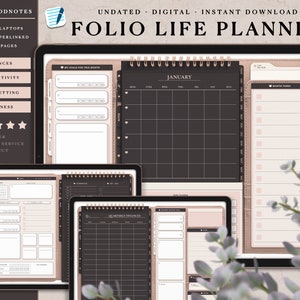 Beige and Black Digital Folio Planner Life Planner GoodNotes Templates Daily Planner Finances Fitness Journaling Goal Planning