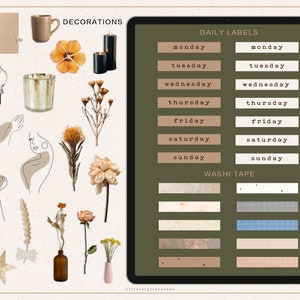May include: A digital planner template with a green background. The template includes daily labels for each day of the week, washi tape designs, and decorative elements like flowers, candles, and line art.