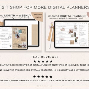 May include: Two digital planner designs on an iPad screen. The first is a simple monthly and weekly planner with a minimalist style and artboard background. The second is an interactive digital planner with a floral design. The text "Undated Month + Weekly" and "Undated Digital Planner" is visible on the screens. The text "Real Reviews" is below the images with five stars and two customer reviews.