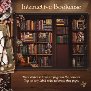 Può includere: Un'interfaccia di app di pianificatore digitale con un design a libreria. La libreria è etichettata per diverse sezioni del pianificatore, come "Libri di biblioteca", "Obiettivi di lettura", "Recensioni di libri" e "Indice del diario".