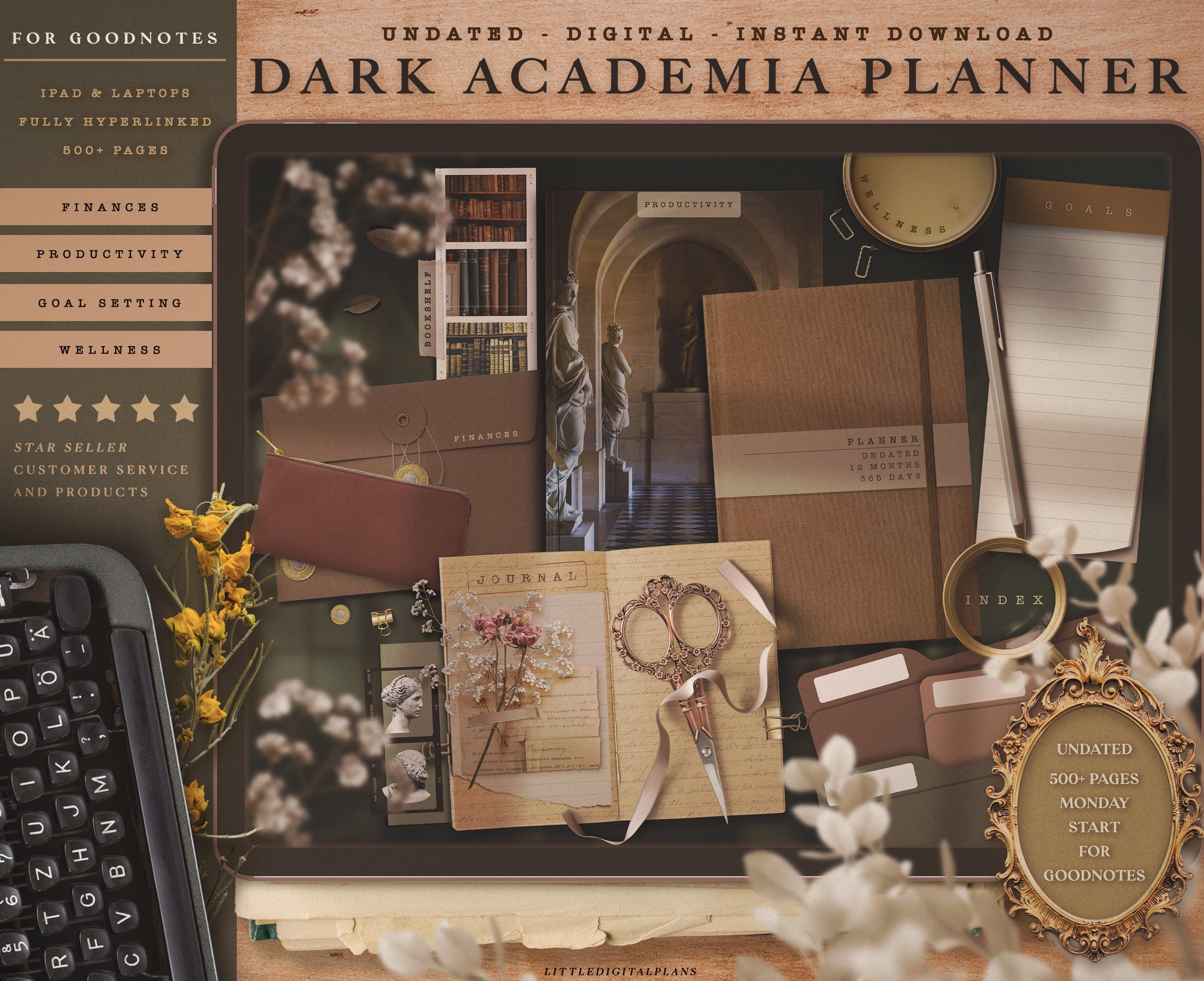 Dark Academia Digital Planner Undated Monday Start for Etsy Canada