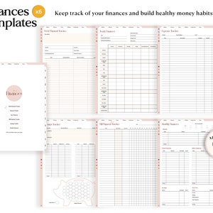 May include: A set of printable finance templates for budgeting, debt tracking, and savings. The templates are designed with a pink and white color scheme and feature a cute pig illustration. The text "Finances x6 Templates" is at the top of the page.
