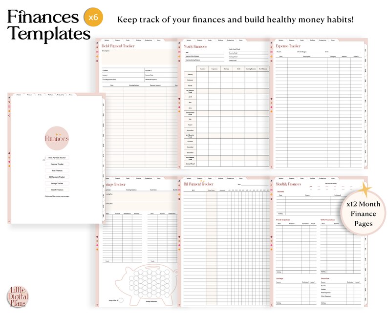 May include: A set of printable finance templates for budgeting, debt tracking, and savings. The templates are designed with a pink and white color scheme and feature a cute pig illustration. The text "Finances x6 Templates" is at the top of the page.