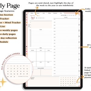 May include: A digital planner app interface with a daily page layout. The page features sections for priorities, meals, exercise, mind tracking, to-do list, and a daily schedule. The app also includes links to weekly and daily pages, as well as an end-of-day reflection section. The app is semi-dated, allowing users to highlight the day of the week and year for indefinite use.