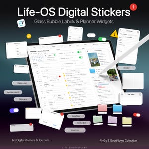 Puede incluir: Pegatinas digitales Life-OS, etiquetas de burbuja de cristal y widgets de planificación para agendas y diarios digitales. La colección incluye archivos PNG y GoodNotes con elementos de interfaz, carpetas y listas de tareas en una tablet.