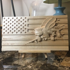 Navy Seabees, Navy Wooden Flag, Seabees Flag, Wood American Flag, Military Carved Flag, Rustic American Flag