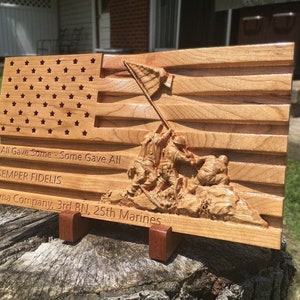 Wood American Flag USMC | Wooden Flag | USMC | Iwo Jima Wood Flag | Semper Fidelis  | New Marine Gift | Carved Flag | Marine Corps Gift