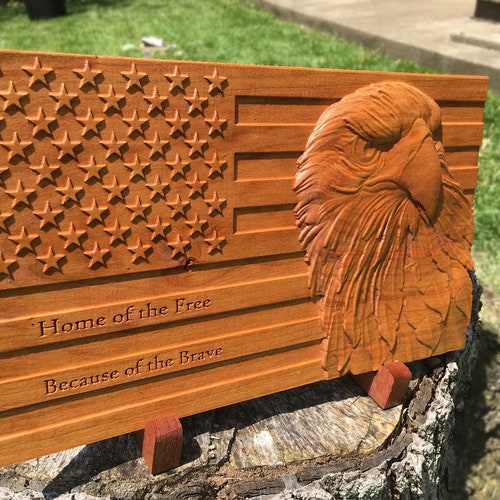 American Flag With Eagle Carved Wooden Flag Patriotic Etsy