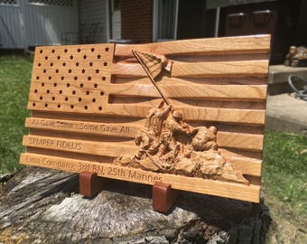 Wood American Flag USMC, Wooden Flag, USMC, Iwo Jima Wood Flag, Semper Fidelis, New Marine Gift, Carved Flag, Marine Corps Gift