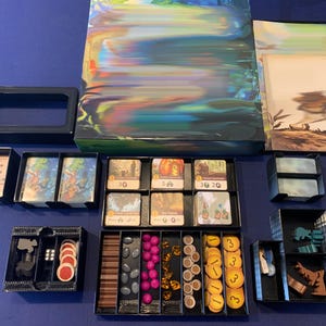 Puede incluir: Un organizador negro con compartimentos para guardar las piezas del juego y las cartas. El organizador tiene una variedad de compartimentos, incluyendo un compartimento grande para el tablero de juego, un compartimento para las cartas y un compartimento para las piezas del juego. El organizador está hecho de plástico negro y tiene un diseño elegante y moderno.