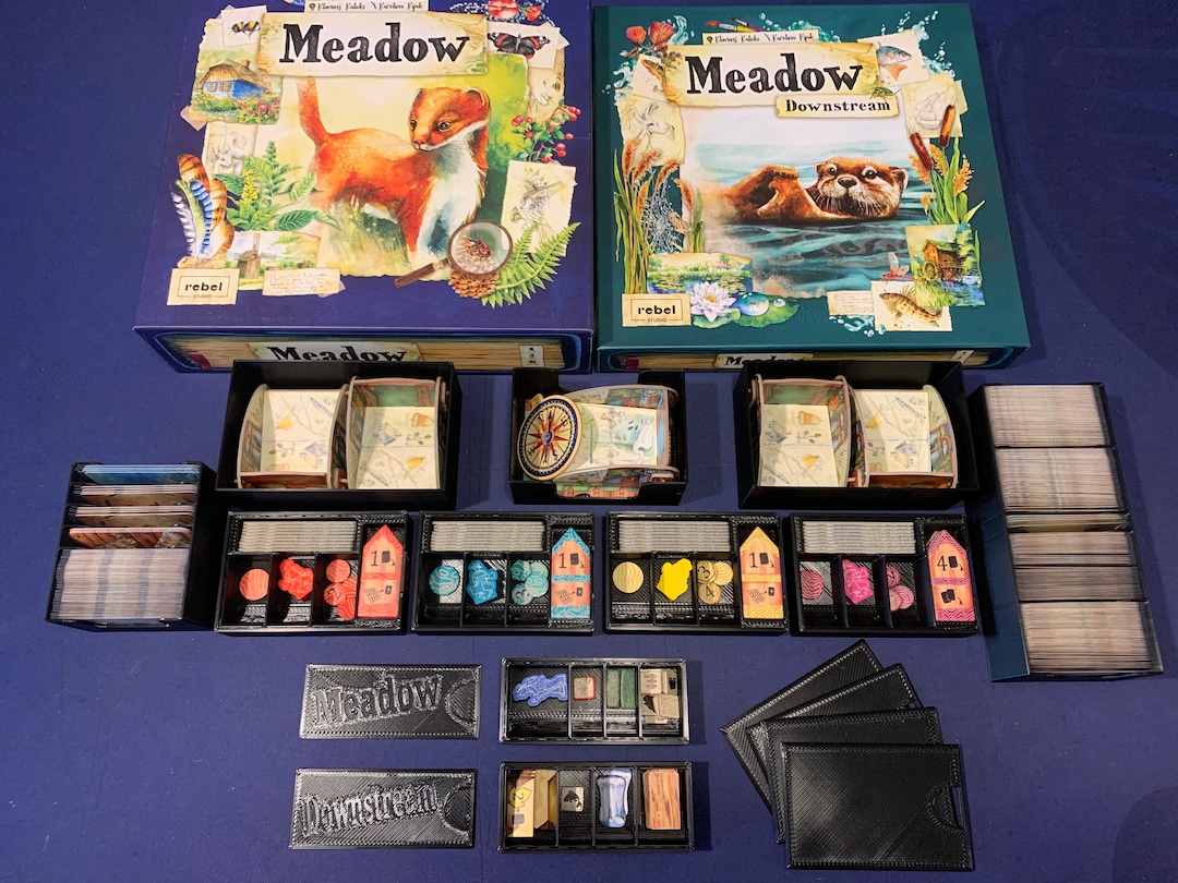 meadow downstream cards and sleeves pack Sleeve -Enhance Your Game with 100 Card & Mini-Expansion Cards, Strategy Game for Kids & Adults, Ages 10+, 1-4 Players, 60-90 Min Playtime, Made by Rebel Studio there is an R envelope with 6 cards as a mini Meadow: Downstream Cards &