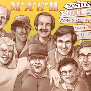 May include: Illustration of the cast of M*A*S*H, a popular television show. The image features a group of smiling people with a signpost indicating distances to Boston (34 miles), Seoul (54 km), Coney Island (70 miles), San Francisco (5428 miles), and Yo (250 miles).