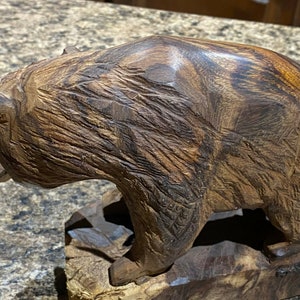 Hand carved Ironwood , GRIZZLY BEAR with SALMON fish in mouth wood figurine.