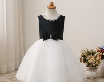 Black Top Tea Length Flower Girl Dress with Bow in the Front Girl Tulle Dress Birthday Party Dress Toddler Glower Girl Dress Baby Girl Dress