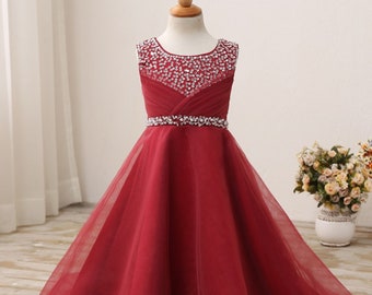 Burgundy Sparkling Girl Dress Sleeveless Girl Dress Flower Girl Dress Floor Length Flower Girl Dress with Crystal  Belt Girl Party Dress