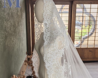 Chantilly Lace Mantilla Veil, Fairy Eyelash Bridal Hair Piece, Soft Lace Trim Ivory Veil Cathedral Length