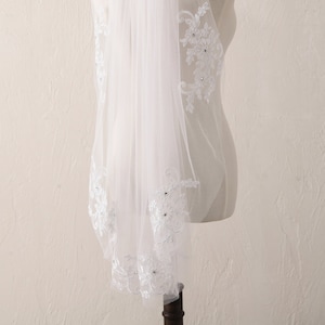Voile de mariée en dentelle courte Voile de mariée en dentelle perles et paillettes Voile de mariée ivoire Voile de mariage blanc Voile de mariage doux