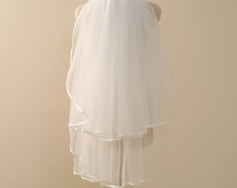 Two Tier Fingertip Wedding Veil with Ribbon Edge, Soft Tulle Blusher