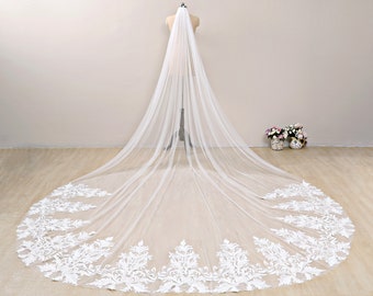 Ivory Cathedral Wedding Veil: Floral Lace Applique, Boho Bridal Veil