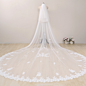 Sequined Wedding Veil, Floral Bridal Veil, Two Tier Wedding Veil,Sequined Partial Lace Cathedral Veil, Chapel Length Veil Ivory,Blusher Veil