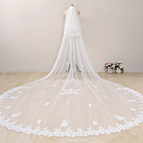 Wedding Veil *Chapel Length*Made to Order*Off white/ Ivory*Floral & Pearl* 