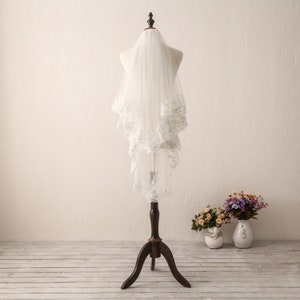Lace Trim Wedding Veil Short Sequin Lace Wedding Veil Ivory Bridal Veil White Wedding Veil Soft Wedding Veil Two Layers Lace Wedding Veil