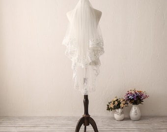 Lace Trim Wedding Veil Short Sequin Lace Wedding Veil Ivory Bridal Veil White Wedding Veil Soft Wedding Veil Two Layers Lace Wedding Veil