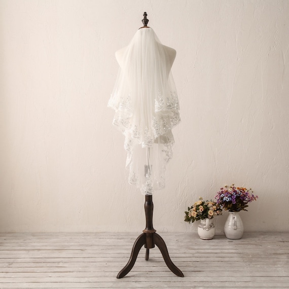 Two-layer Wedding Veil With Sequin Lace Appliques Two-layer Wedding Veil With Sequin Lace Appliques