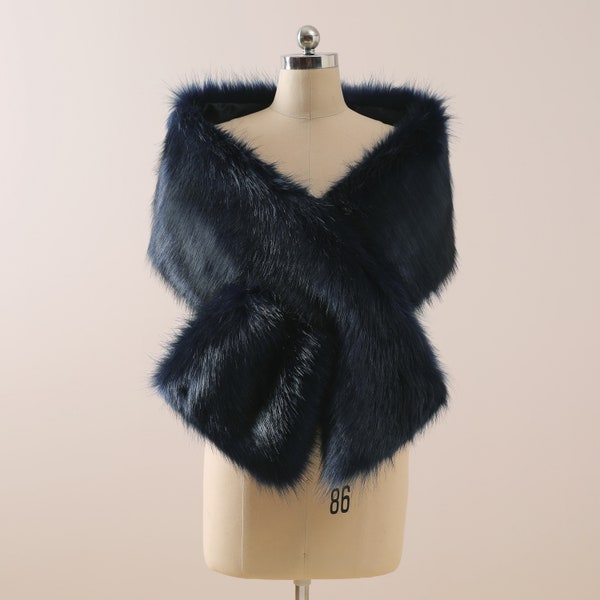 Faux Fur Shawl Plus Faux Fur Stole Navy Blue Fur Cape Bridal Wrap Faux Fur Wrap Plus Size Wedding Shrug Navy Wedding Fur Wrap Fur Shrug