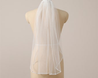 Voile de mariée doux bord perlé voile de mariage vintage à un niveau voile de mariée du bout des doigts avec perles blanc/ivoire goutte voile voile de mariage valse