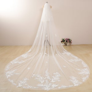 Bird Floral Lace Veil Ivory Cathedral Wedding Veil with Blusher Veil 2 Tier Wedding Veil with Champagne&Ivory Lace Chapel Veil Two Tier Veil