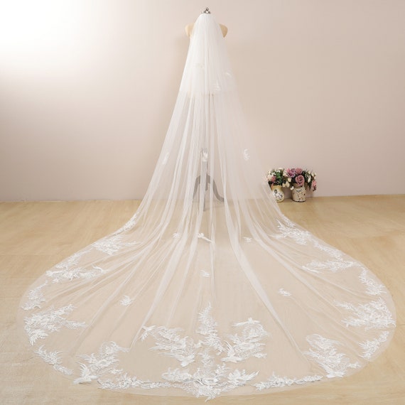 Bird Floral Lace Veil Ivory Cathedral Wedding Veil with Blusher Veil 2 Tier Wedding Veil with Champagne&Ivory Lace Chapel Veil Two Tier Veil