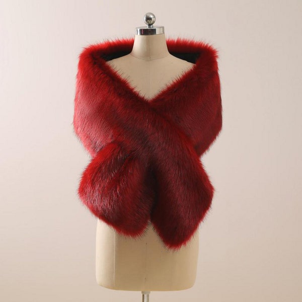 Red Wedding Shawl Faux Fur Bridal Stole Red Faux Fur Wrap Bridal Bolero Fur Shawl Cape Red Wedding Fur Shrug Bridesmaid Shawls and Wraps Red