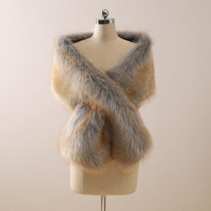 Vintage Faux Fur Wrap Dusty Blue with Brown Faux Fur Shawl Bridal Fur Bolero Gray with Brown Faux Fur Shrug Bridal Fur Stole Winter Fur Wrap