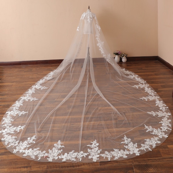 Trailing Floral Lace Cathedral Wedding Veil, Sparkle Tulle 